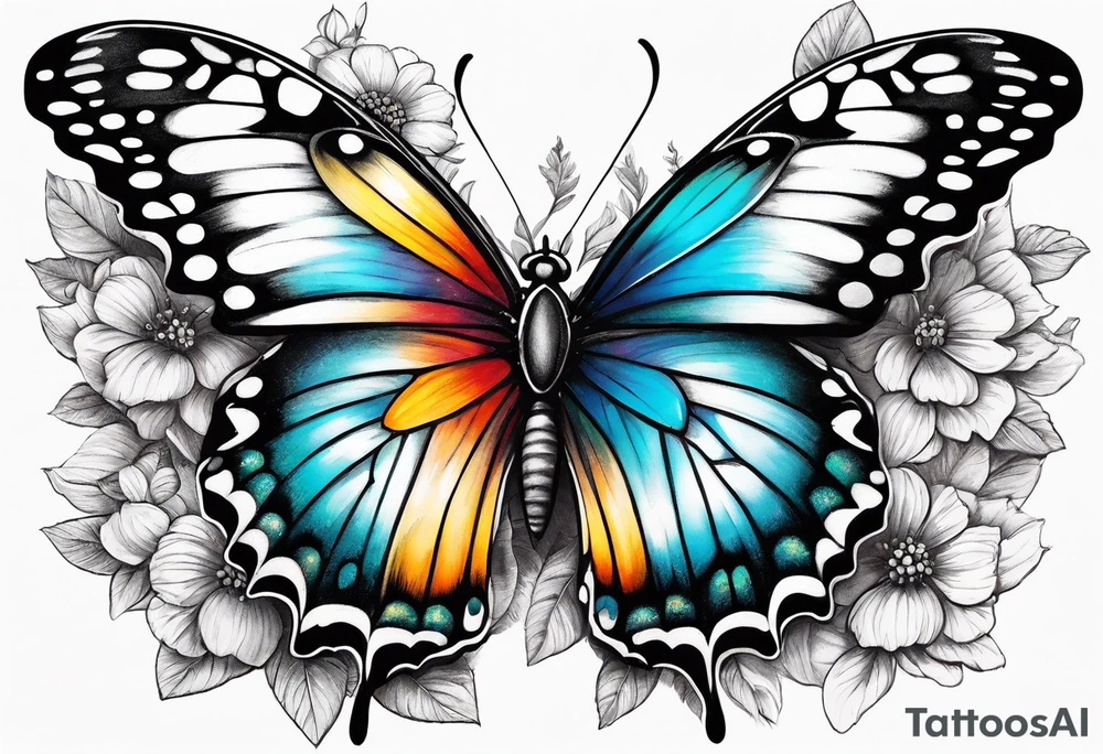 A vibrant butterfly with colorful wings, resting on a flower, showcasing transformation and beauty.” tattoo idea