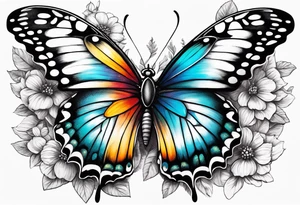 A vibrant butterfly with colorful wings, resting on a flower, showcasing transformation and beauty.” tattoo idea