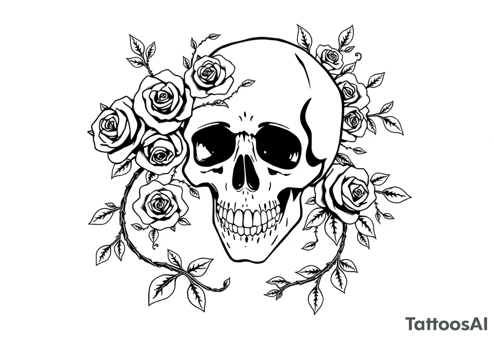 gothic skull intertwined with climbing roses and thorny vines surreal tattoo idea