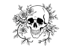 gothic skull intertwined with climbing roses and thorny vines surreal tattoo idea