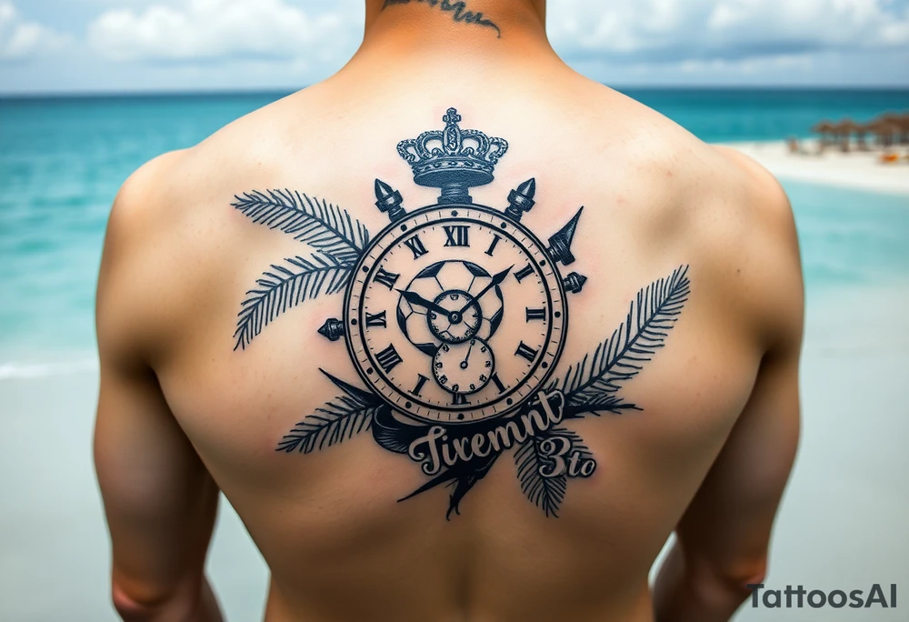 Hazme un tatuaje en el antebrazo que tenga un fondo de playa con palmeras le siga un reloj rompiéndose con un balón de fútbol con relieve con una corona y que encima del tatuaje ponga el tiempo De Dios es perfecto con una fuente en cursiva y negrita tattoo idea