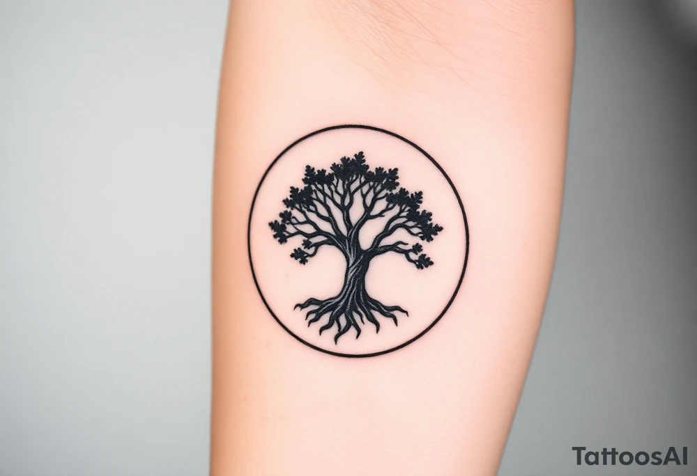 Tree encircled in a spiral circle coming from the center of the tree tattoo idea