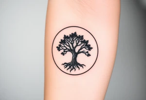 Tree encircled in a spiral circle coming from the center of the tree tattoo idea