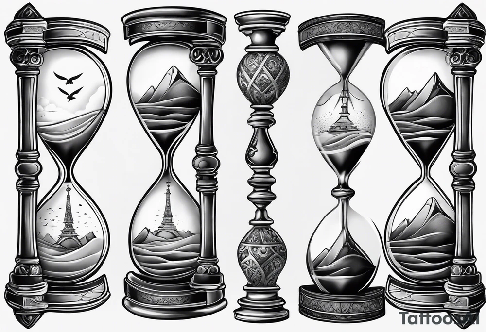 Hour glass with sand and skeleton hand tattoo idea
