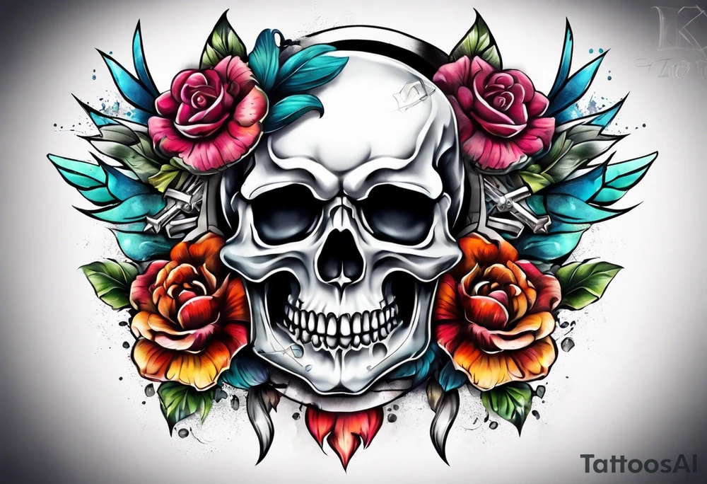 feminine skull and cross bones with two buns tattoo idea