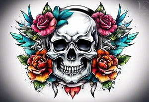 feminine skull and cross bones with two buns tattoo idea