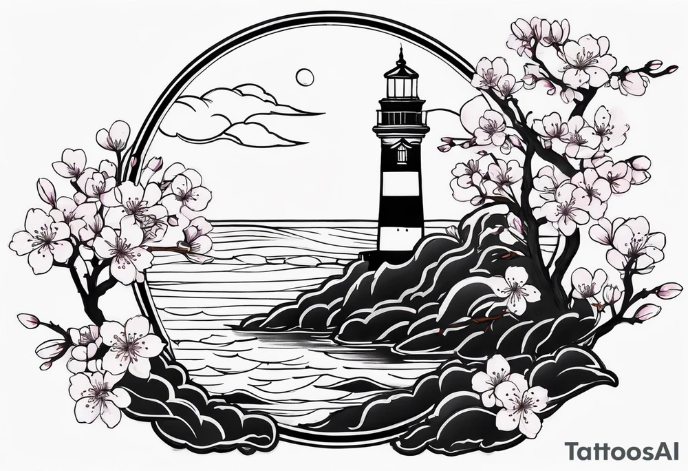 cherry blossom with lighthouse tattoo idea