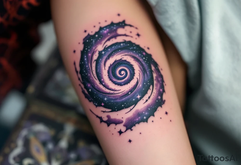 A galaxy-themed spiral in dark purples and star-speckled silvers, echoing the shape of a nebula. tattoo idea