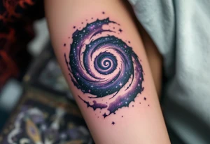 A galaxy-themed spiral in dark purples and star-speckled silvers, echoing the shape of a nebula. tattoo idea