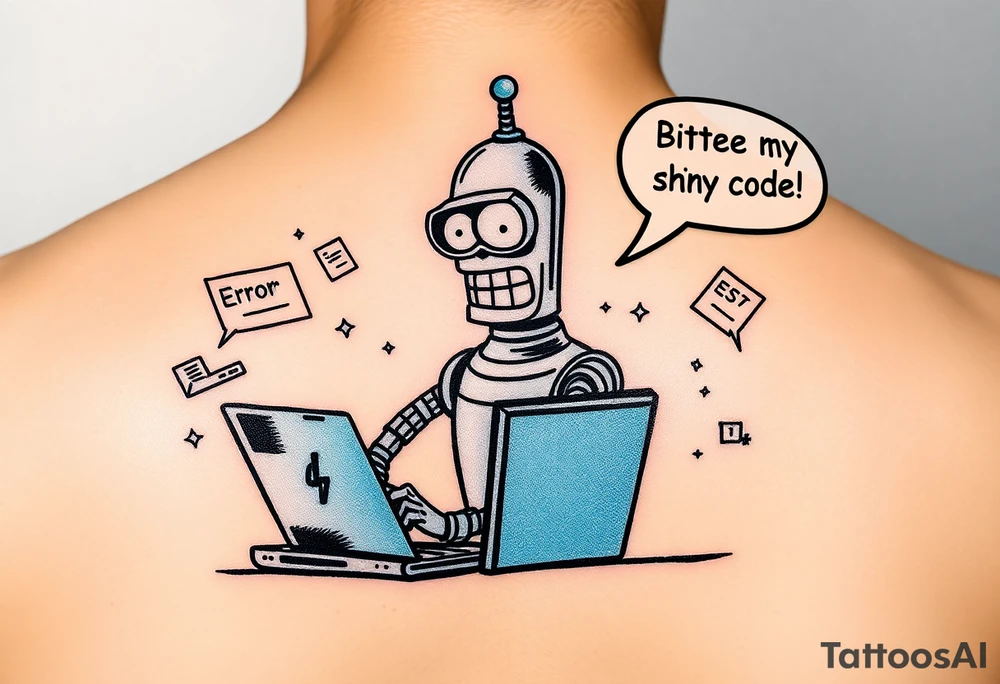Tattoo design in colorful comic style of a robot inspired by Bender from Futurama, sitting at a desk with a laptop, surrounded by flying error messages and code snippets in C#. Add the quote 'Bite my shiny code!' in speech bubble. Fun, bold, dynamic look for shoulder placement. tattoo idea