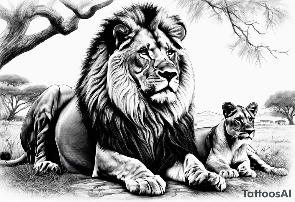 in front the savane
in back ground a lion and is family tattoo idea
