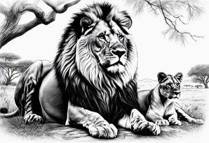 in front the savane
in back ground a lion and is family tattoo idea