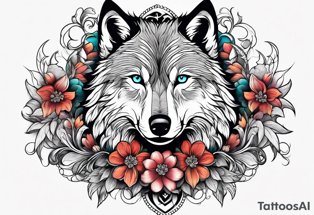Wolf, flower, cross tattoo idea