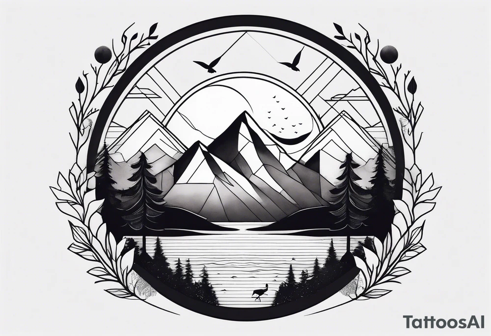 Geometric nature tattoo with moutains, lake, forest, birds and a moon. Should fit on all the forearm. tattoo idea