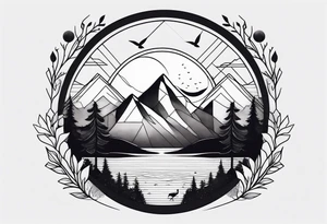 Geometric nature tattoo with moutains, lake, forest, birds and a moon. Should fit on all the forearm. tattoo idea