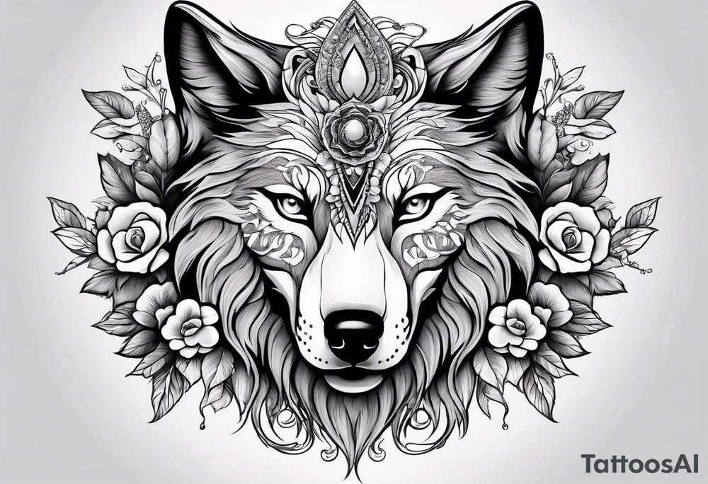 Wolf head half skull half real with flowers around tattoo idea