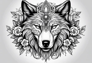 Wolf head half skull half real with flowers around tattoo idea