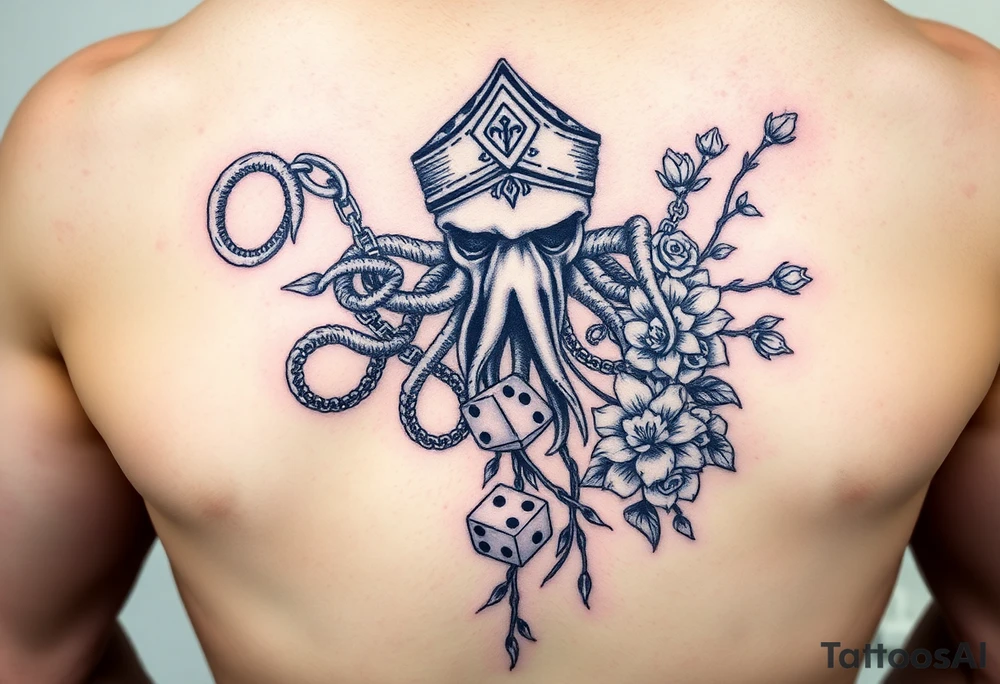 Squid and knight and sailor hat combined with chains, tree roots, cherry blossoms and roses rolling dice tattoo idea
