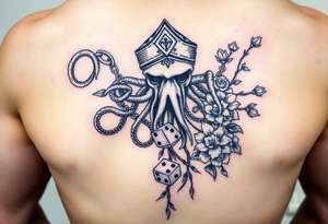 Squid and knight and sailor hat combined with chains, tree roots, cherry blossoms and roses rolling dice tattoo idea