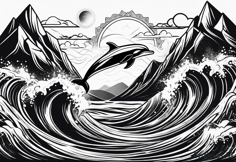 Mountains and dolphin in 
ocean waves crashing diamond shape tattoo idea