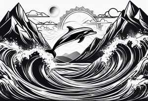 Mountains and dolphin in 
ocean waves crashing diamond shape tattoo idea