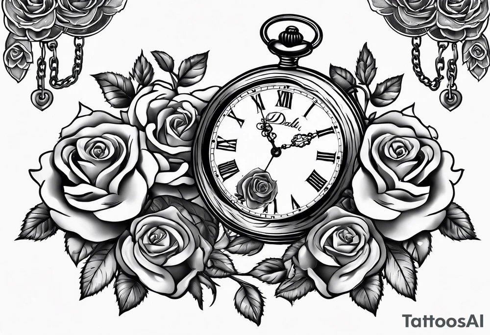 Pocket watch with chain and roses tattoo idea
