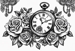 Pocket watch with chain and roses tattoo idea