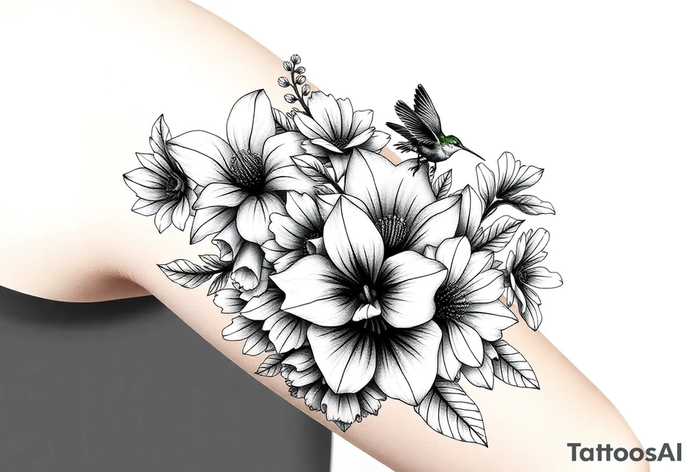 Can you create an image of a tattoo that will go on my upper arm including the following floral arrangement done very light handed and with soft lines- 1 large violet, 1 large carnation, 1 large lily of the valley, 1 large narcicuss, 1 medium carnation, 1 medium violet, 1 small dafodil, 2 small water lillies, and 1 small chrysanthemum. Add a small hummingbird drinking out of the large narcicuss. I want it on my upper right arm on the outside but slightly wrapping around the outer arm. I would like some greenery to fill in spaces as well. Make it large enough to fill my upper arm. I want the flowers to have dramatic and realistic shading. Make the tattoo more vertical than horizontal and put it on a female's arm with medium tan skin. tattoo idea