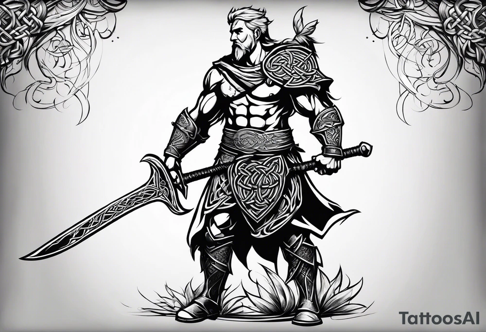 Full body side profile of
Celtic warrior with short hair, a sword in one hand and an axe in the other. tattoo idea