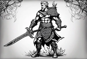 Full body side profile of
Celtic warrior with short hair, a sword in one hand and an axe in the other. tattoo idea