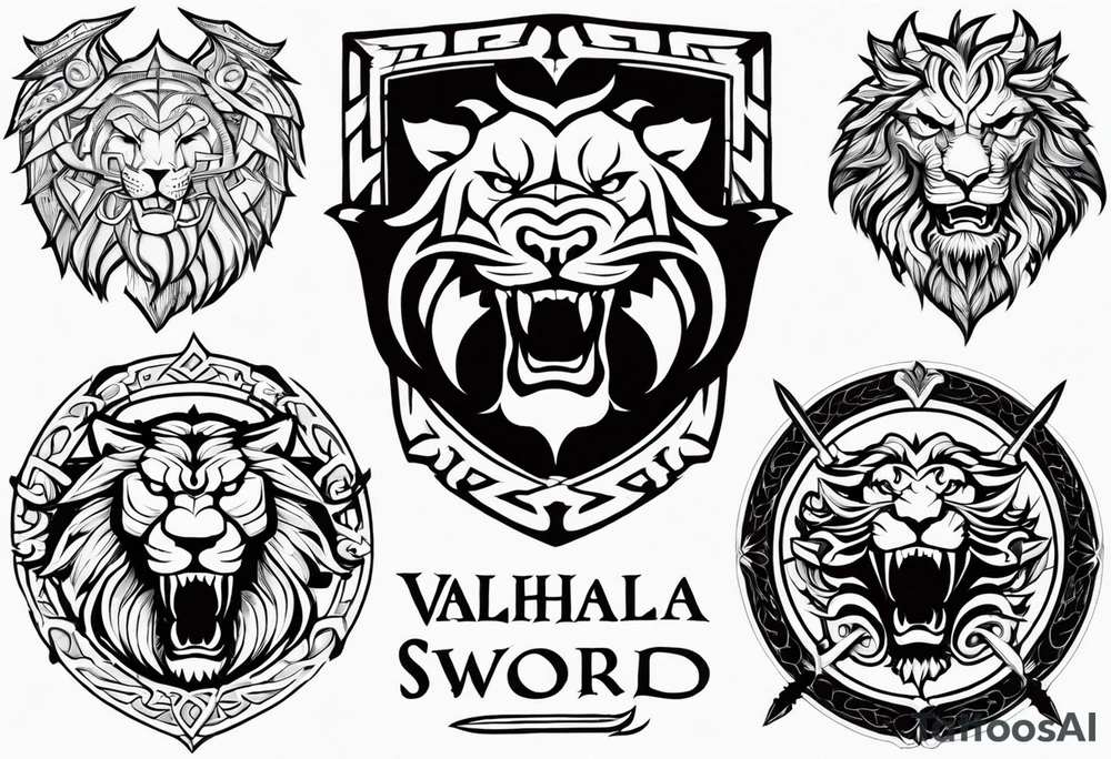 Valhalla sword shield dragon lion tattoo idea