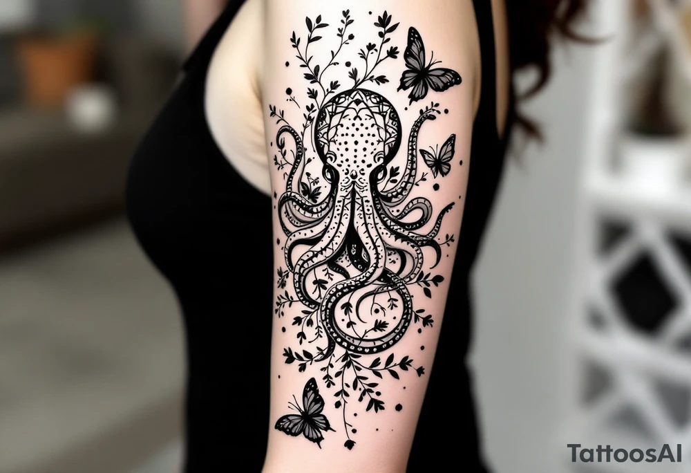 Elegant feminine full sleeve tattoo design on a woman’s arm, flowing abstract black ink lines intertwined with minimalist botanical elements — fine leaves, buds, and wildflowers. Central ornamental mandala-like symbols and geometric dotwork details. A gracefully stylized octopus with fluid tentacles wrapping subtly around the design, integrated with delicate butterflies fluttering around the composition. The butterflies are light, airy, and minimal, matching the fine-line style. Tattoo art style: modern minimalist, fine line, ornamental and botanical tattoo with surreal natural touches. Black ink only, soft feminine aesthetic tattoo idea