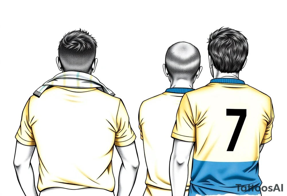 4 soccer fans from their backs, wearing yellow blue shirts. the second one from left having a kid on his shoulders, and he's rising a scarf.
the right one is older and shorter and wearing an Adidas shirt with the number 7 on it tattoo idea