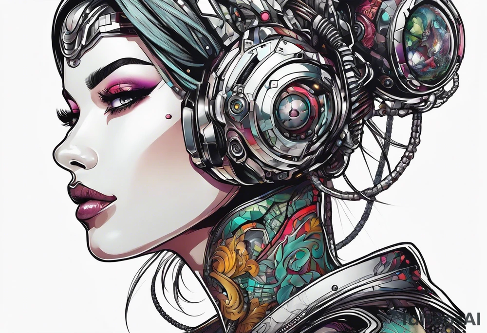 pop art cyborg girl full head not cropped tattoo idea