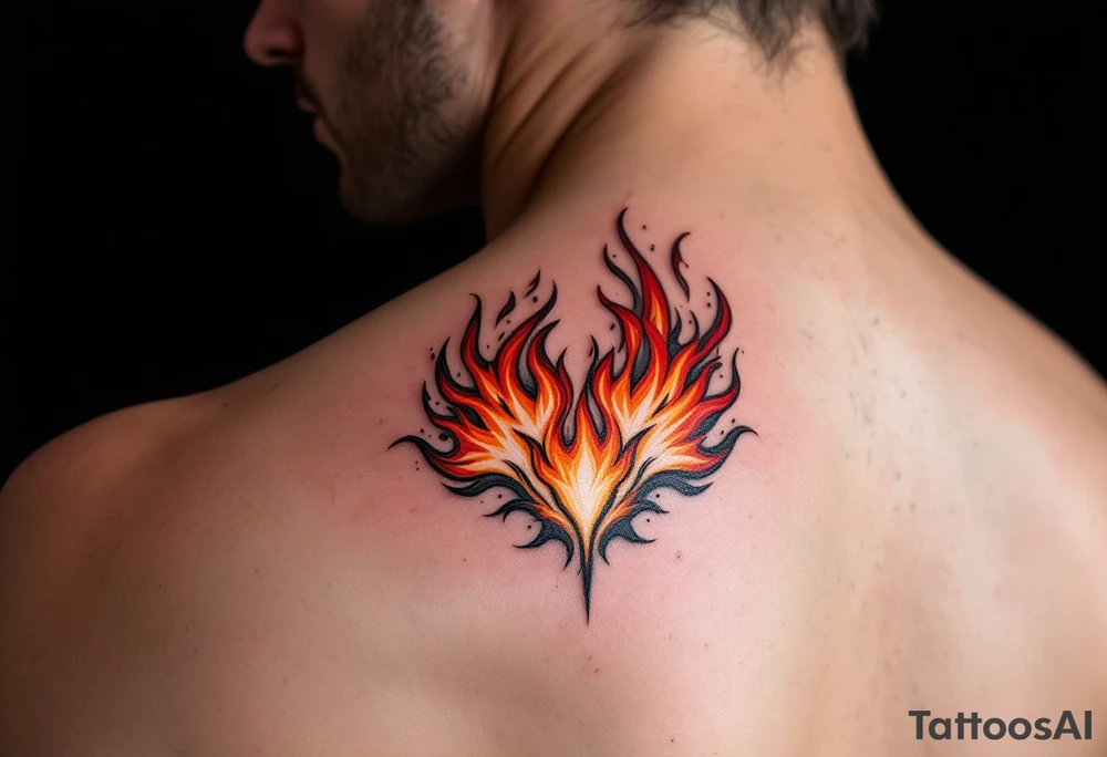Matching red and orange flame tattoo on each partner shoulders. tattoo idea