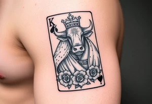 A king playing card with a highland cow, a small four leaf clover surround by roses and a small spanner on the card tattoo idea