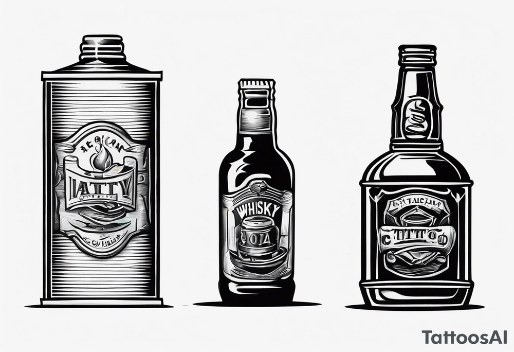 American traditional tattoo whiskey bottle and soda can tattoo idea