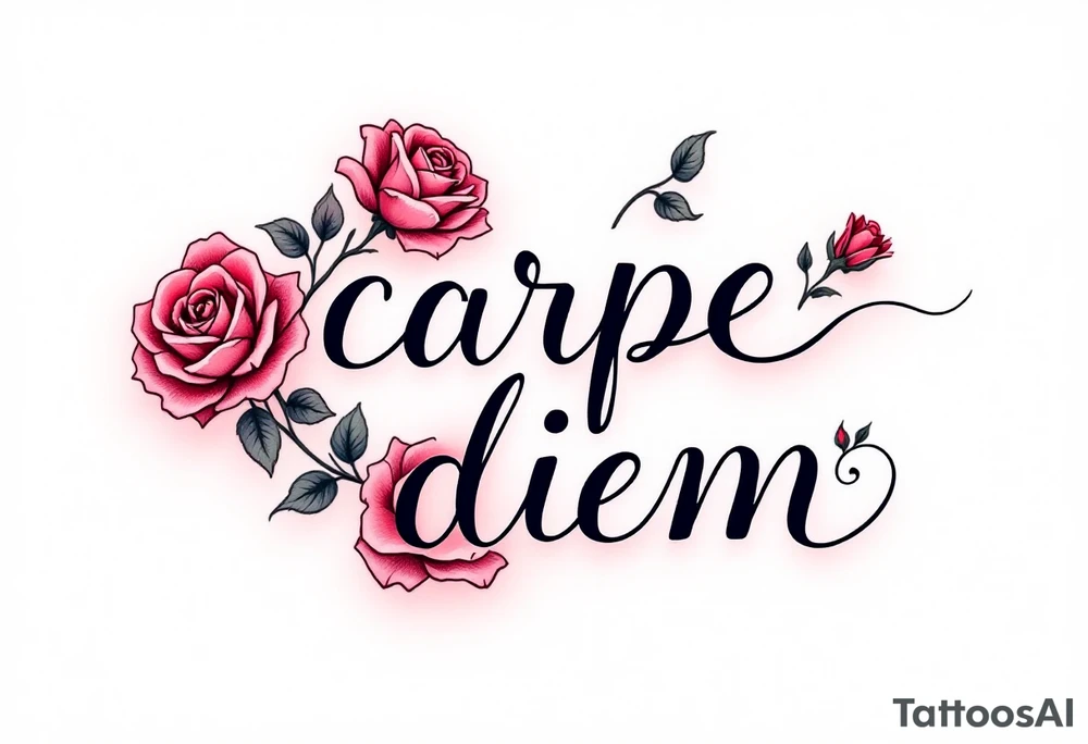 Delicate blackletter calligraphy "carpe diem" with red roses blooming around the text. tattoo idea