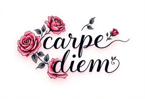 Delicate blackletter calligraphy "carpe diem" with red roses blooming around the text. tattoo idea