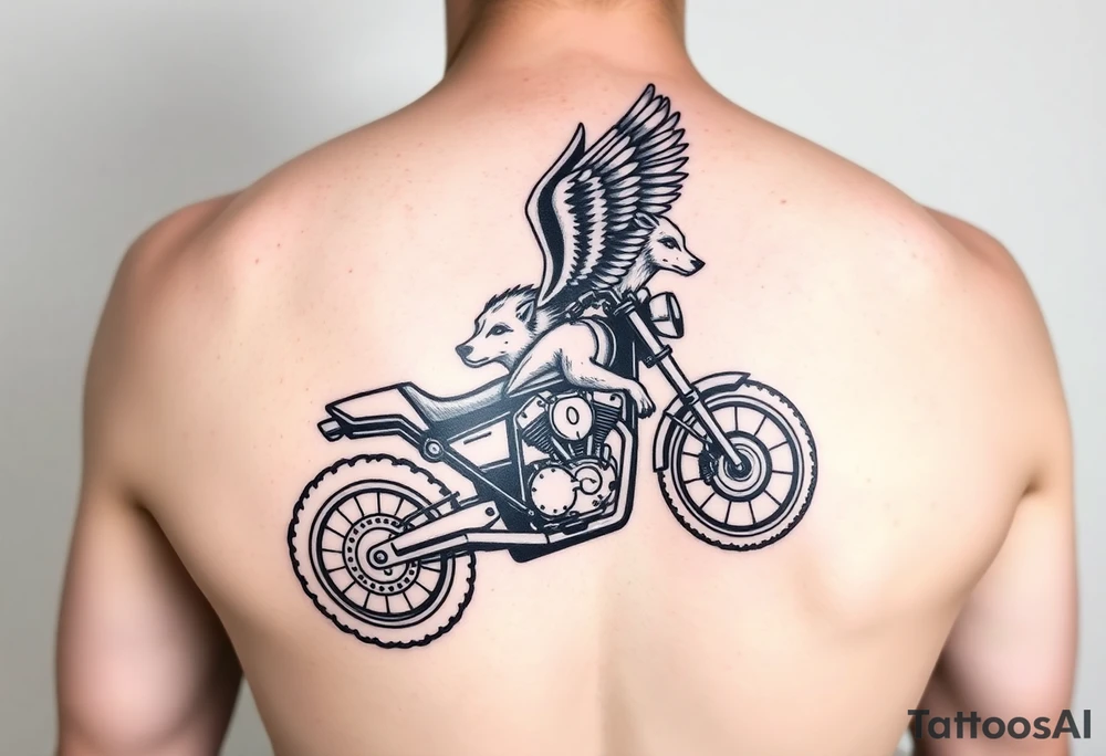 a motorcycle on it with guardian angel wolves on the bike tattoo idea