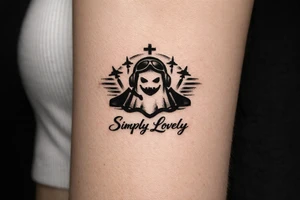 Create a 5 × 5 cm black ink tattoo combining the Koenigsegg Ghost logo, inspired by the Swedish flying squadron tribute, with the phrase **“Simply Lovely”** written underneath. tattoo idea