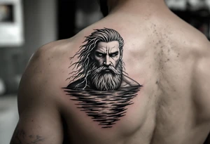 neptune with trident half way in calm water with lightning tattoo idea