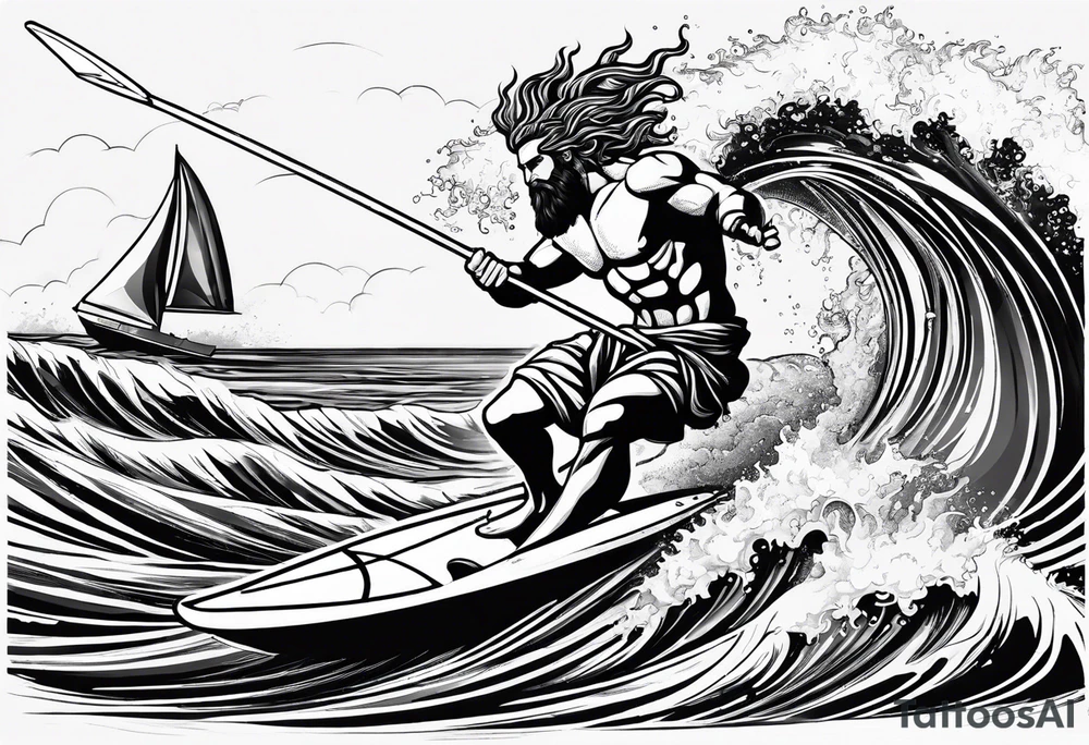 Poseidon im Vordergrund mit Windsurfer und Wellen im Hintergrund tattoo idea