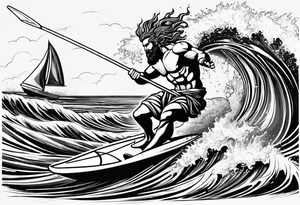 Poseidon im Vordergrund mit Windsurfer und Wellen im Hintergrund tattoo idea
