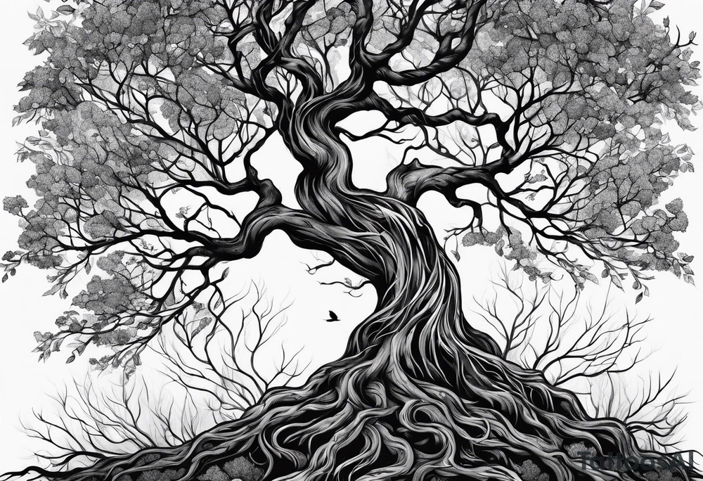 Left side tree branches and roots tattoo idea