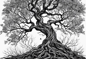 Left side tree branches and roots tattoo idea
