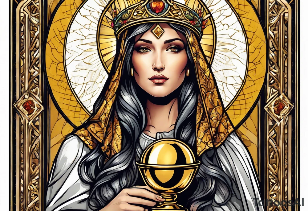 holy saint woman with golden halo holding a chalice tattoo idea