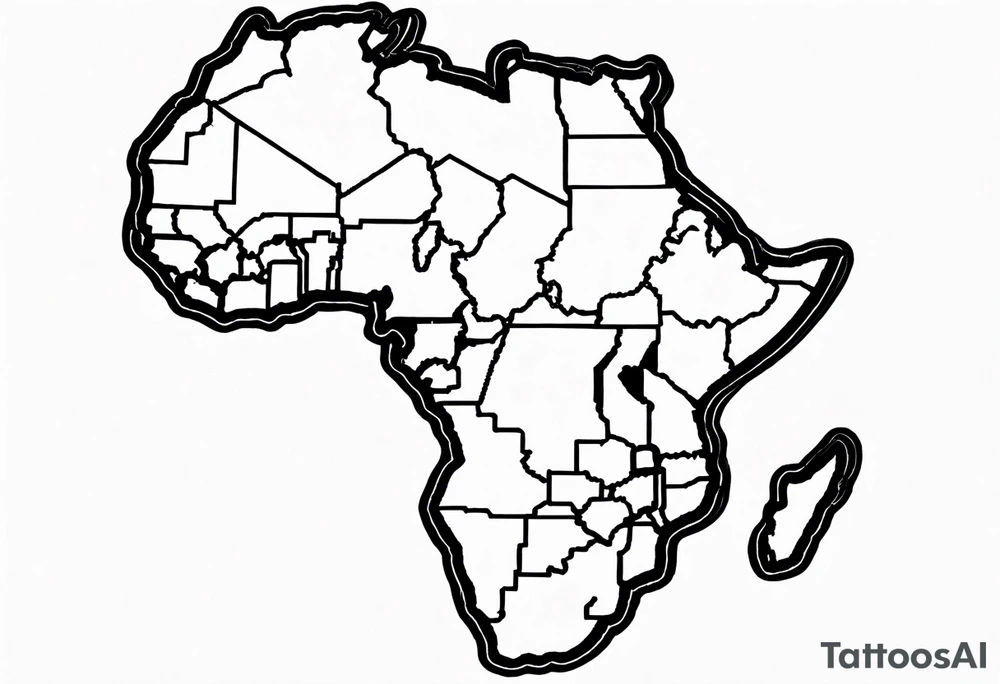 the outline of africa. Then covering the east/sourh east of Africa (because I am from Kenya malawi and eswatini), is a woman silhouette, or the face of a black woman with an Afro (all in outlines but perhaps her afro can be filled in) with a necklace on. The necklace is one of those gold ring stack necklaces that extend the neck tattoo idea