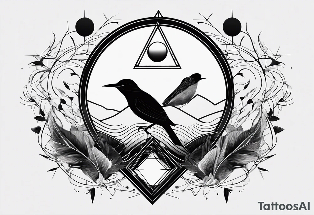 Do not include a face. Linear tattoo with double triangle, unclosed delta, crescent moon, birds tattoo idea