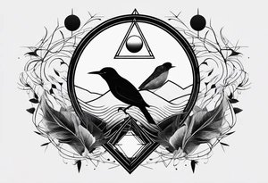 Do not include a face. Linear tattoo with double triangle, unclosed delta, crescent moon, birds tattoo idea